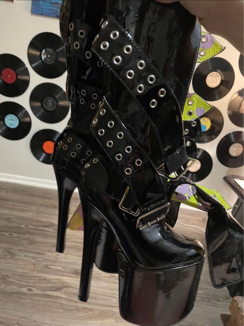 Goofy Goober Rock Gloss Black Platform Stiletto Boots Spongebob X Dolls Kill